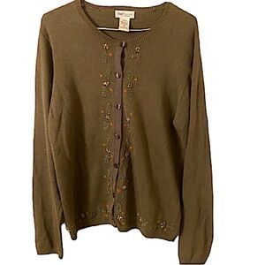 Van Heusen Dark Olive Flower Embroidery Button Down Long Sleeves Sweater